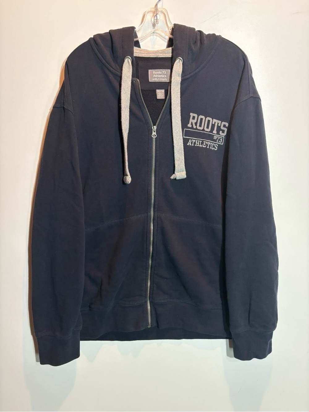 Vintage Roots Navy Zip-Up Hoodie with Light Gray Drawstrings